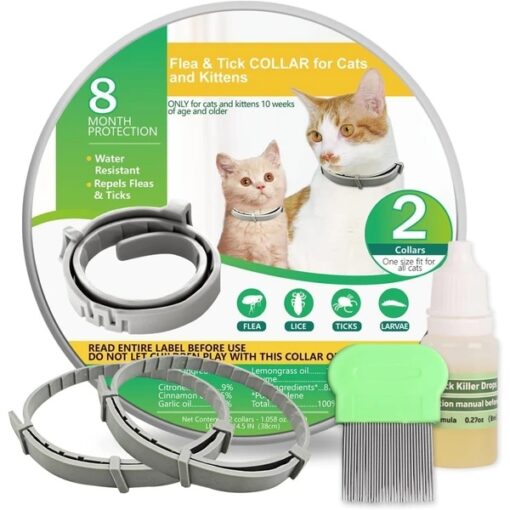 Flea And Tick Collar For Cats, 8 Months Of Cat Flea Collar Protection Made With Premium Plant Based Essential Oil Natural Treatment Prevention Free Comb And Prevention Treatment Drop